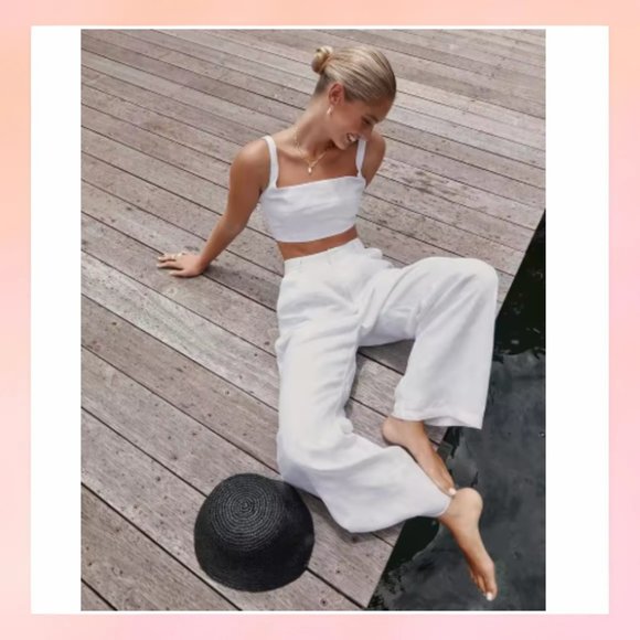 Sleeveless Crop Tank Top & High Waist Wide Leg Pants Set- Medium White